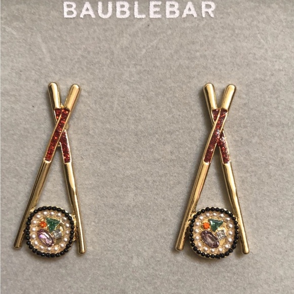 BaubleBar Jewelry - BaubleBar Gold Tone Chopsticks & Sushi Roll Drop Earrings Crystal Accents NIB